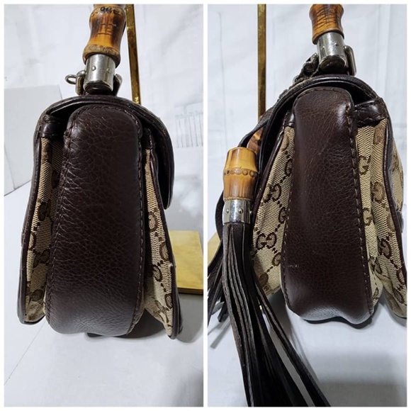 SOLD*Authentic GUCCI GG Canvas And Leather New Bamboo Top Handle Bag Beige/Brown - Picture 6 of 16